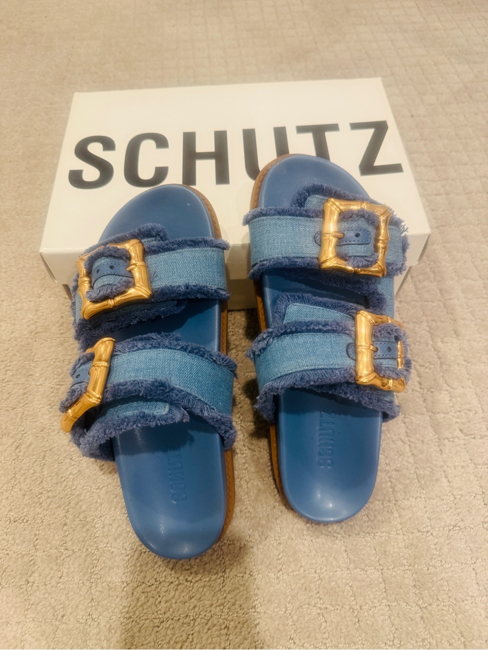 SCHUTZ Blue Denim Double-Buckle Slide Sandals with Gold Buckles